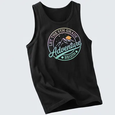 Retro design featuring mountains and a sun with text about 5th grade adventure. — printed on a tank top