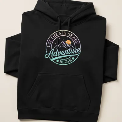 Retro design featuring mountains and a sun with text about 5th grade adventure. — printed on a unisex hoodie
