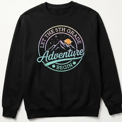 Retro design featuring mountains and a sun with text about 5th grade adventure. — printed on a unisex sweatshirt