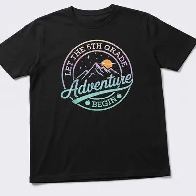 Retro design featuring mountains and a sun with text about 5th grade adventure.