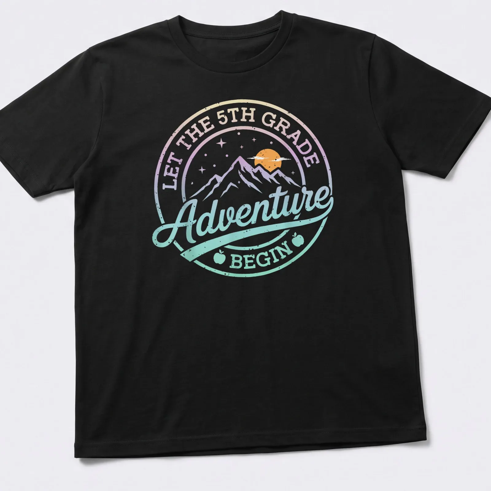 Retro design featuring mountains and a sun with text about 5th grade adventure. — printed on a unisex t-shirt