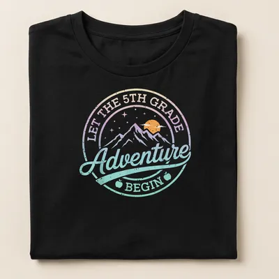 Retro design featuring mountains and a sun with text about 5th grade adventure. — printed on a women's shirt