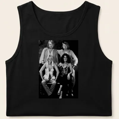 Vintage style T-shirt featuring ABBA pop group in black, white, and gray — printed on a tank top