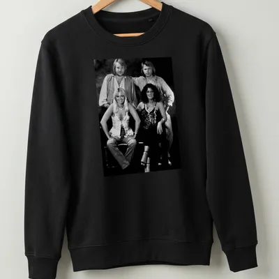 Vintage style T-shirt featuring ABBA pop group in black, white, and gray — printed on a unisex sweatshirt