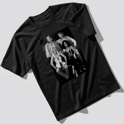 Vintage style T-shirt featuring ABBA pop group in black, white, and gray