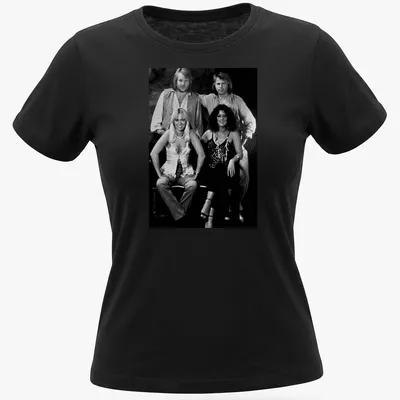 Vintage style T-shirt featuring ABBA pop group in black, white, and gray — printed on a women's shirt