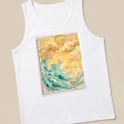Abstract wave painting in turquoise, gold, peach, white, and brown. — printed on a tank top