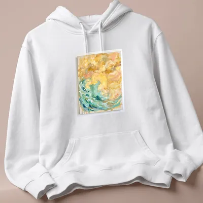 Abstract wave painting in turquoise, gold, peach, white, and brown. — printed on a unisex hoodie