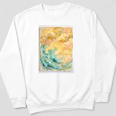 Abstract wave painting in turquoise, gold, peach, white, and brown. — printed on a unisex sweatshirt