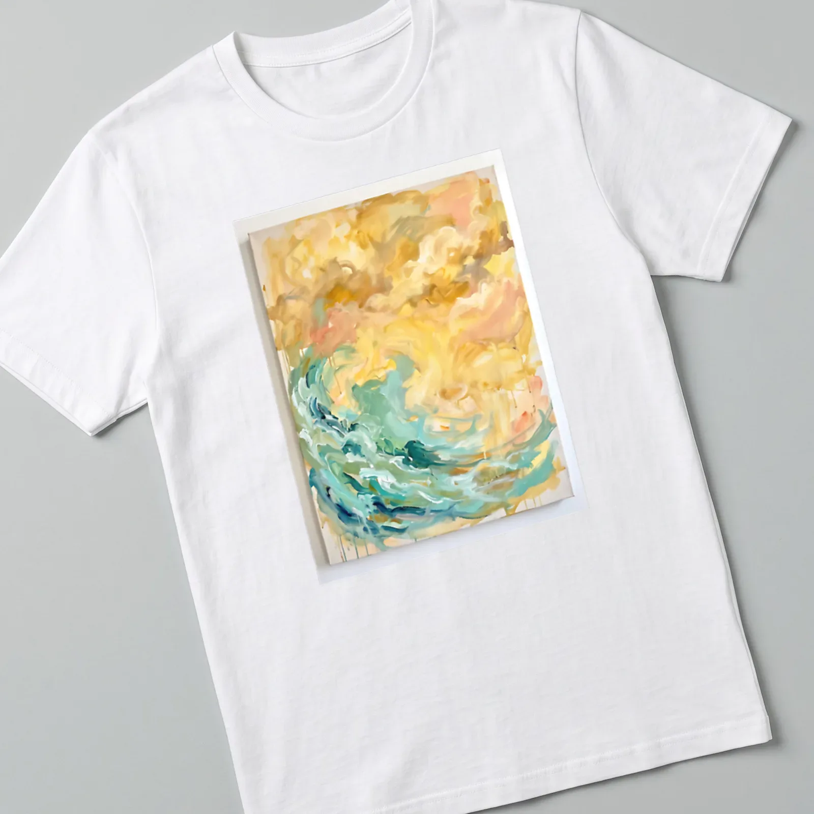 Abstract wave painting in turquoise, gold, peach, white, and brown. — printed on a unisex t-shirt