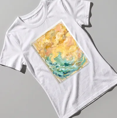 Abstract wave painting in turquoise, gold, peach, white, and brown. — printed on a women's shirt