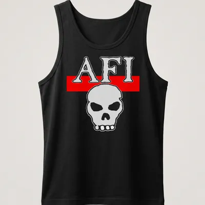 Bold AFI skull logo T-shirt in white and red — printed on a tank top