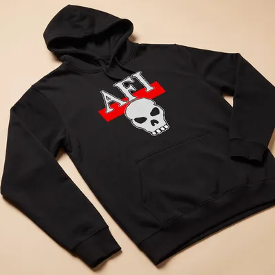 Bold AFI skull logo T-shirt in white and red — printed on a unisex hoodie