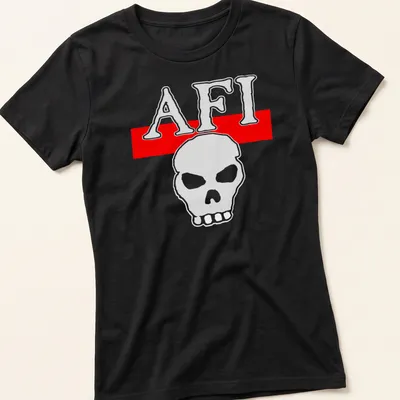 Bold AFI skull logo T-shirt in white and red — printed on a women's shirt