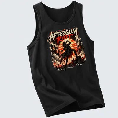 Grunge-style T-shirt with bold, distressed text 'Afterglow Riot' and a rock singer's image — printed on a tank top