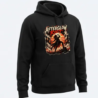 Grunge-style T-shirt with bold, distressed text 'Afterglow Riot' and a rock singer's image — printed on a unisex hoodie