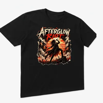 Grunge-style T-shirt with bold, distressed text 'Afterglow Riot' and a rock singer's image — printed on a unisex t-shirt (angled view)