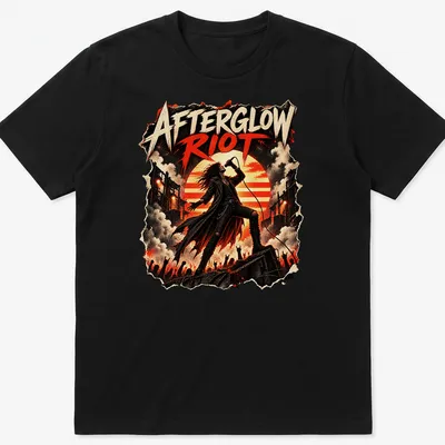 Grunge-style T-shirt with bold, distressed text 'Afterglow Riot' and a rock singer's image