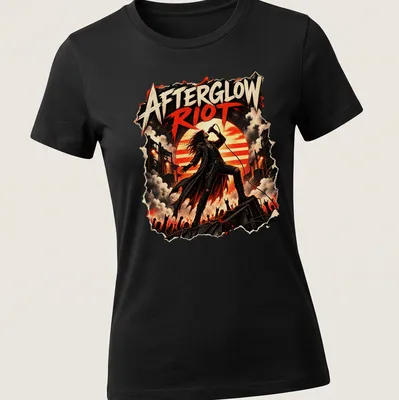 Grunge-style T-shirt with bold, distressed text 'Afterglow Riot' and a rock singer's image — printed on a women's shirt