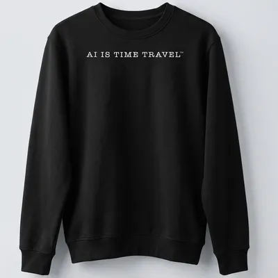 Minimalist white t-shirt with the slogan 'AI IS TIME TRAVEL' in bold typography. — printed on a unisex sweatshirt