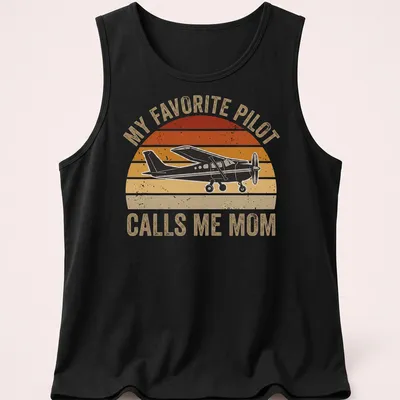 Retro distressed t-shirt with airplane graphic and text My Favorite Pilot Calls Me Mom — printed on a tank top
