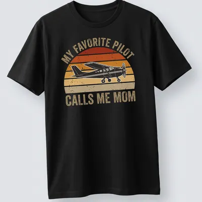 Retro distressed t-shirt with airplane graphic and text My Favorite Pilot Calls Me Mom