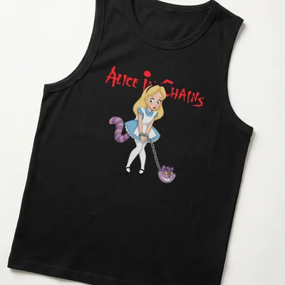 Cartoon Alice and Cheshire Cat with Alice In Chains text in blue and pink — printed on a tank top