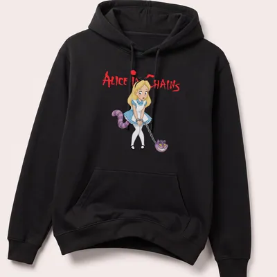 Cartoon Alice and Cheshire Cat with Alice In Chains text in blue and pink — printed on a unisex hoodie