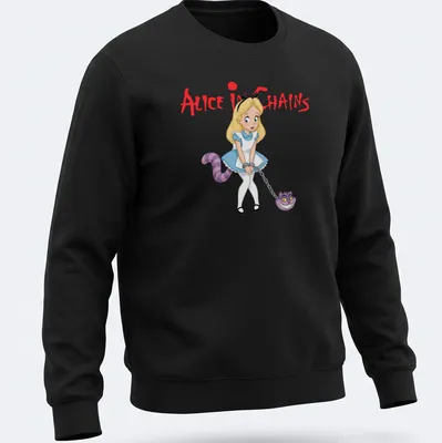 Cartoon Alice and Cheshire Cat with Alice In Chains text in blue and pink — printed on a unisex sweatshirt