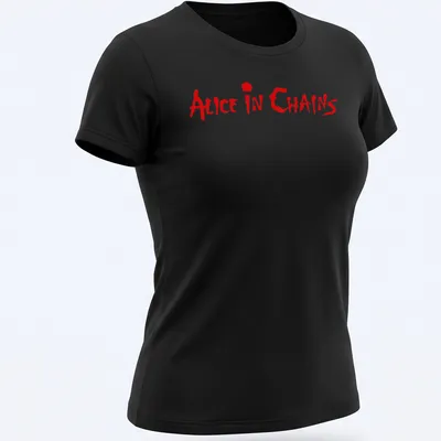 Bold typography of Alice In Chains on a red — printed on a women's shirt