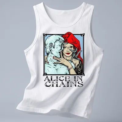 Illustrative design featuring Alice In Chains text with a woman and blue figure — printed on a tank top