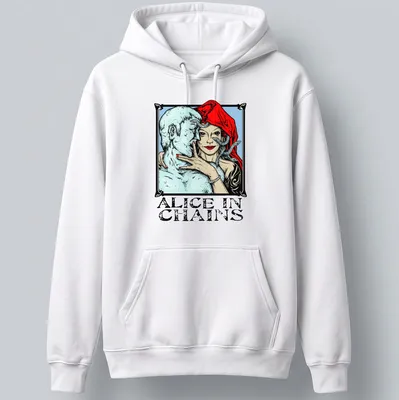 Illustrative design featuring Alice In Chains text with a woman and blue figure — printed on a unisex hoodie