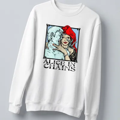 Illustrative design featuring Alice In Chains text with a woman and blue figure — printed on a unisex sweatshirt