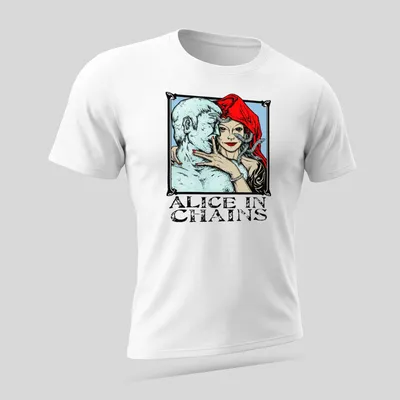 Illustrative design featuring Alice In Chains text with a woman and blue figure — printed on a unisex t-shirt (angled view)