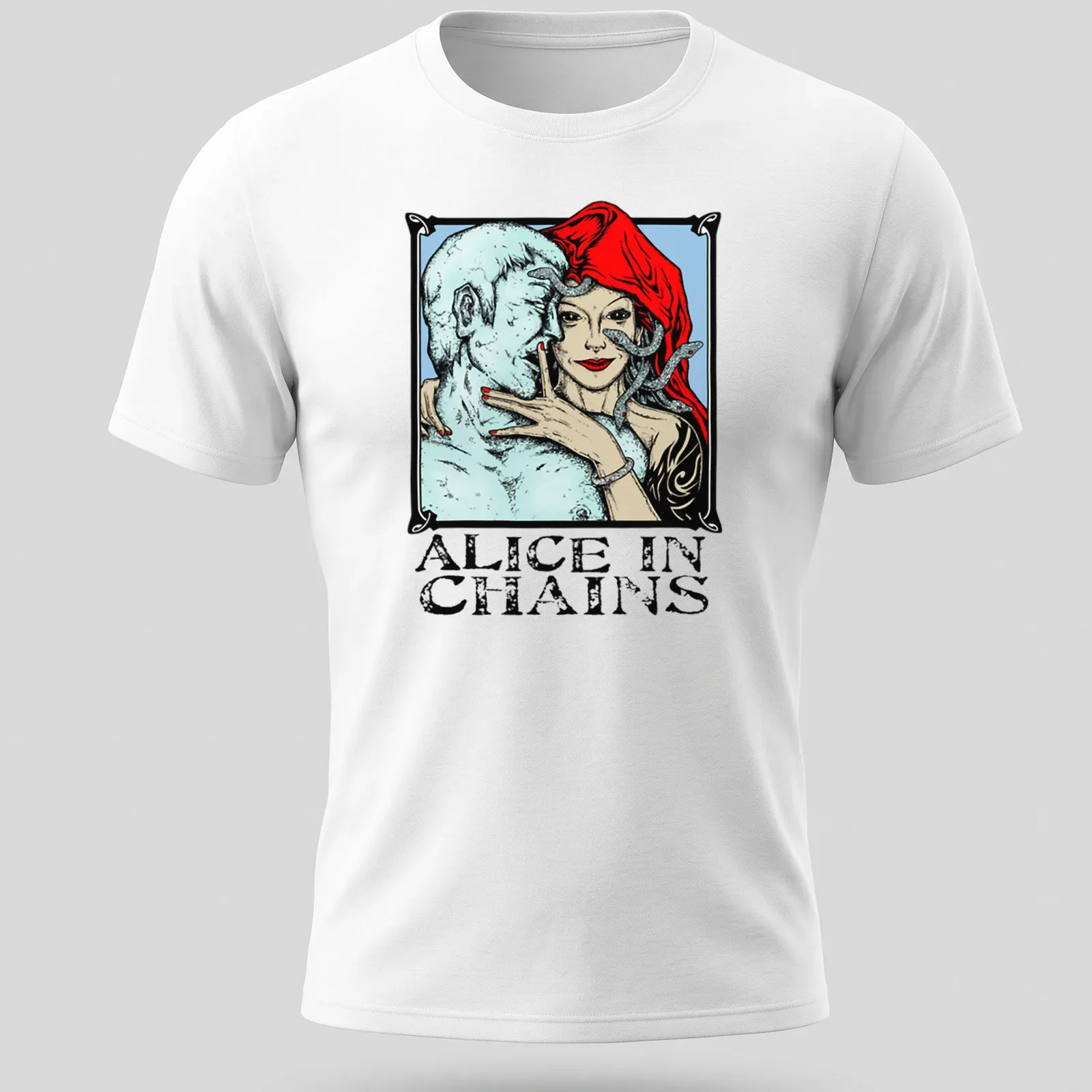 Illustrative design featuring Alice In Chains text with a woman and blue figure — printed on a unisex t-shirt
