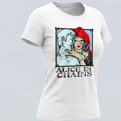 Illustrative design featuring Alice In Chains text with a woman and blue figure — printed on a women's shirt