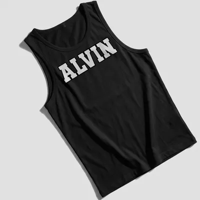 Bold black and white t-shirt featuring the name ALVIN in large text — printed on a tank top