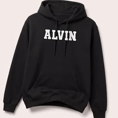 Bold black and white t-shirt featuring the name ALVIN in large text — printed on a unisex hoodie