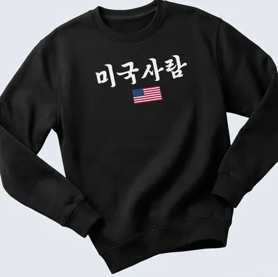 American Flag T-shirt featuring clean modern design with printed text '미국사람' — printed on a unisex sweatshirt