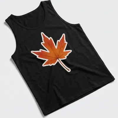 Watercolor design of an Amur maple leaf in orange, yellow, and brown — printed on a tank top