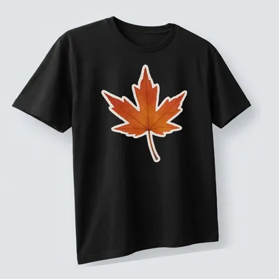 Watercolor design of an Amur maple leaf in orange, yellow, and brown — printed on a unisex t-shirt (angled view)