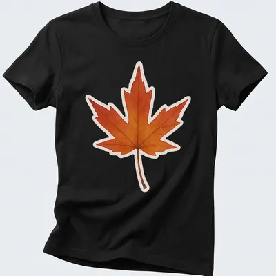 Watercolor design of an Amur maple leaf in orange, yellow, and brown — printed on a women's shirt