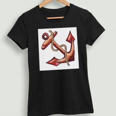 Illustration of an anchor entwined with rope in warm colors. — printed on a women's shirt