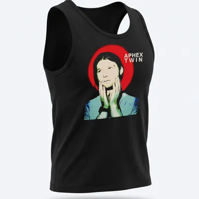 Abstract Aphex Twin graphic T-shirt featuring bold red, white, blue, and green design — printed on a tank top