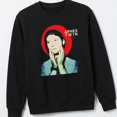 Abstract Aphex Twin graphic T-shirt featuring bold red, white, blue, and green design — printed on a unisex sweatshirt