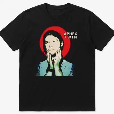 Abstract Aphex Twin graphic T-shirt featuring bold red, white, blue, and green design