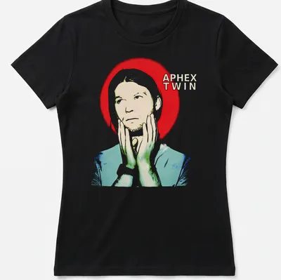 Abstract Aphex Twin graphic T-shirt featuring bold red, white, blue, and green design — printed on a women's shirt