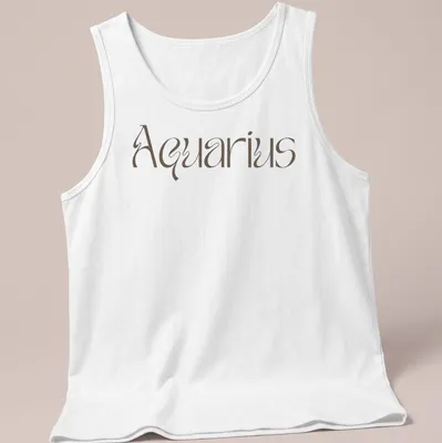 Elegant script reading Aquarius in brown on a celestial-themed — printed on a tank top