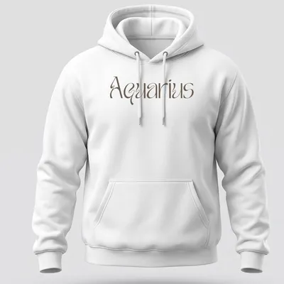Elegant script reading Aquarius in brown on a celestial-themed — printed on a unisex hoodie