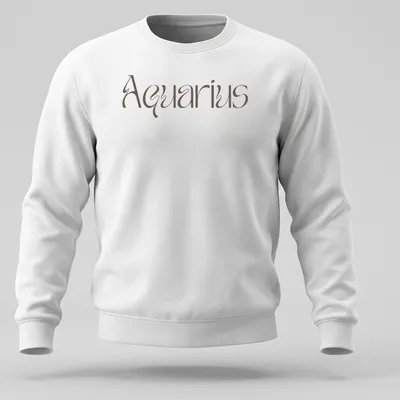 Elegant script reading Aquarius in brown on a celestial-themed — printed on a unisex sweatshirt